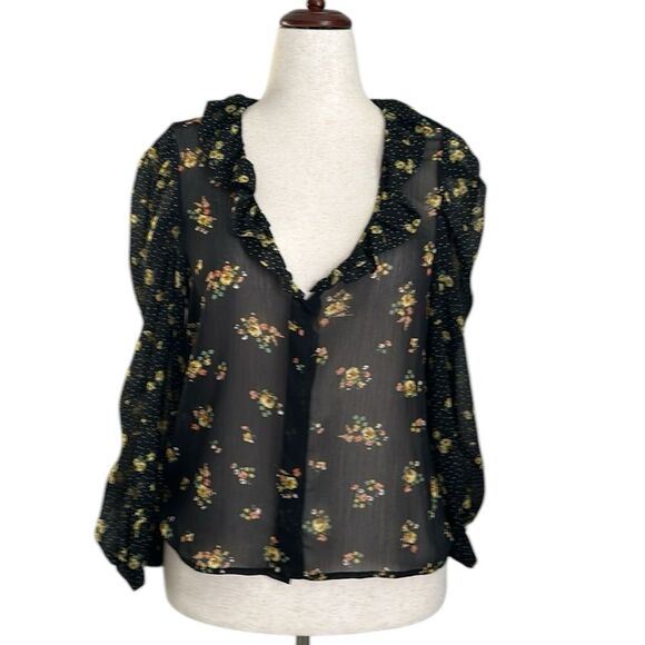 Zara Women’s Sheer Floral V-neck Ballon Sleeve Blouse Cottagecore Size M - Picture 2 of 10
